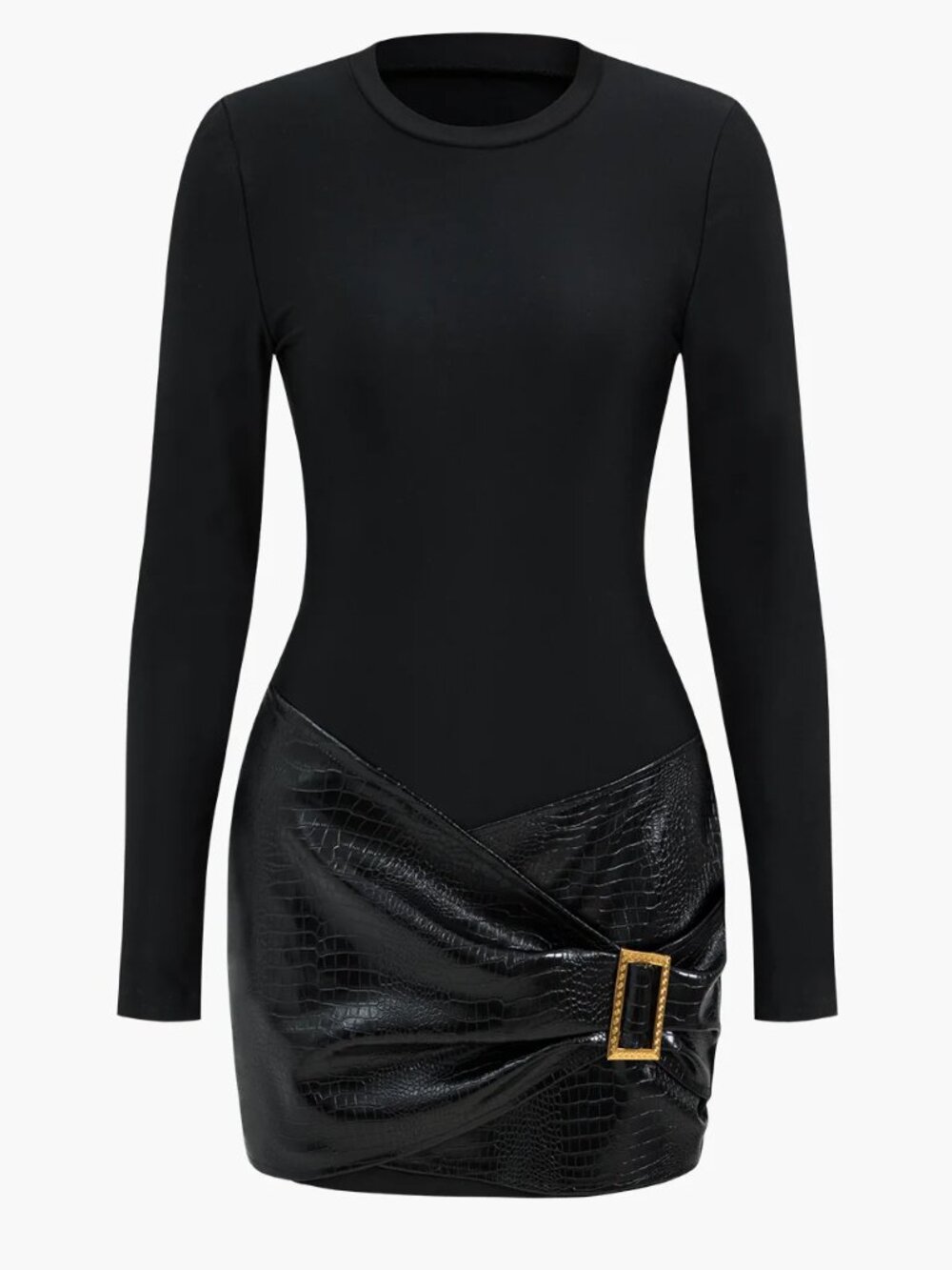 MICAS Black Bodycon Mini Dress Faux Leather Croc Buckle Size XL